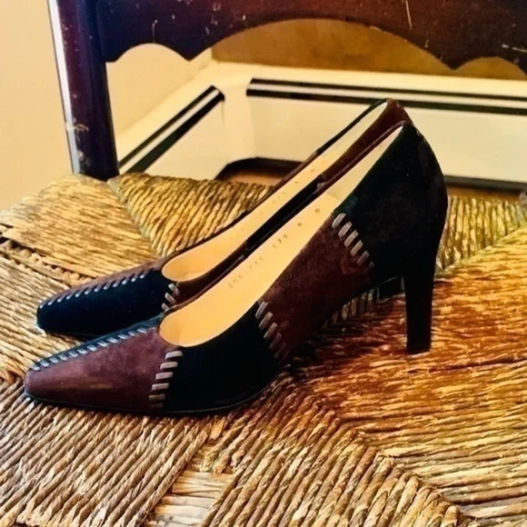 ✨💛✨ Ferragamo Espresso / Nero Suede Calf Leather Patchwork Pumps✨💛✨ Size 6✨💛✨ - Picture 3 of 10